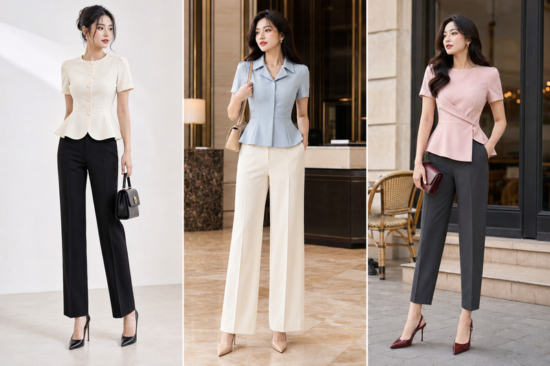 Phối áo sơ mi cộc tay dáng peplum với quần tây nữ cao cấp pha trộn nét duyên dáng, nữ tính với sự sang trọng.