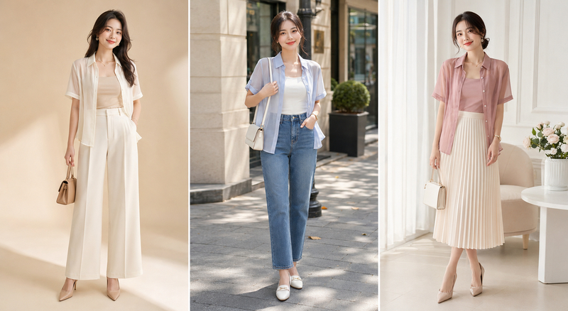 Phối đồ với áo sơ mi ngắn tay vải voan và áo hai dây giúp tôn lên đường nét dịu dàng, nữ tính.