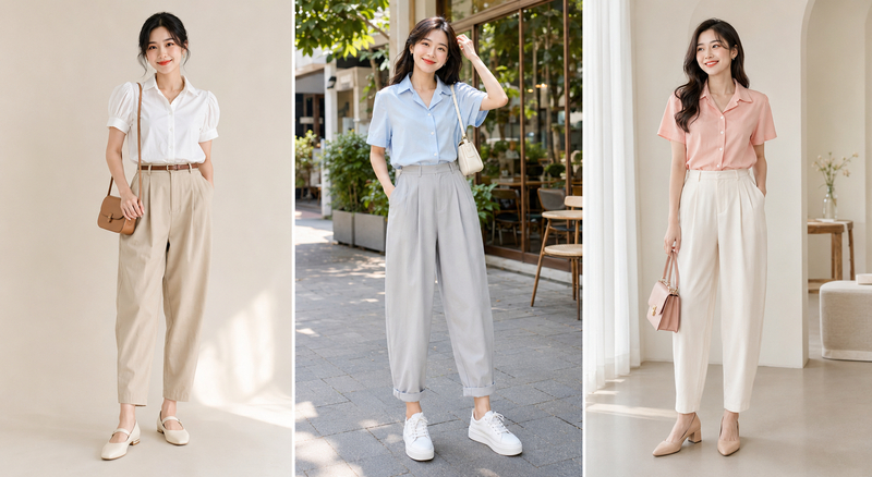 Phối đồ với áo sơ mi tay ngắn nữ với quần baggy mang lại cảm giác mát mẻ, dễ vận động nhưng vẫn tôn lên nét nữ tính, đáng yêu.