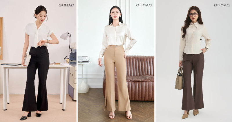 Phối đồ với áo sơ mi trắng nữ cùng quần tây loe cạp cao mang nét đẹp cổ điển