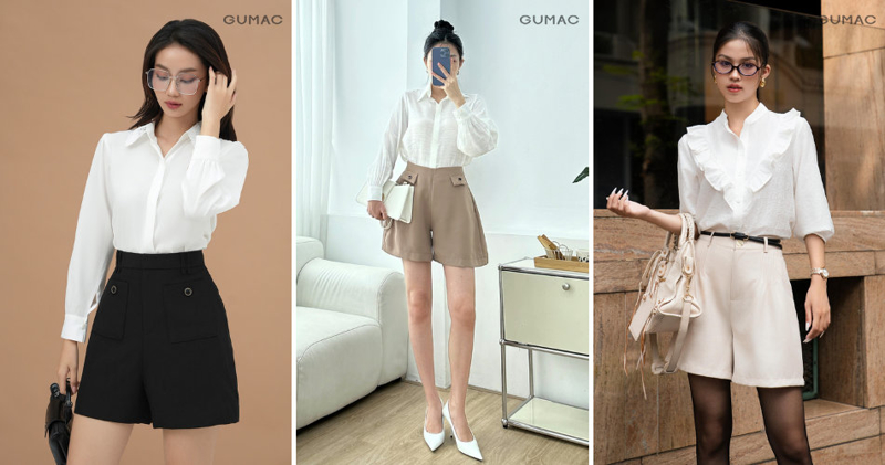 Phối đồ với áo sơ mi trắng nữ cùng quần short linen giúp ăn gian chiều cao