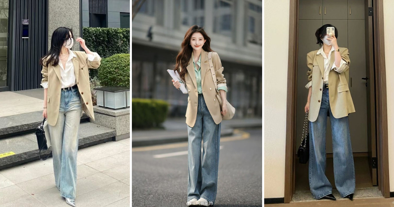 Áo sơ mi trơn diện cùng quần jean ống rộng, sau đó khoác áo vest suông bên ngoài là công thức an toàn, thoải mái để mặc đi làm hằng ngày.