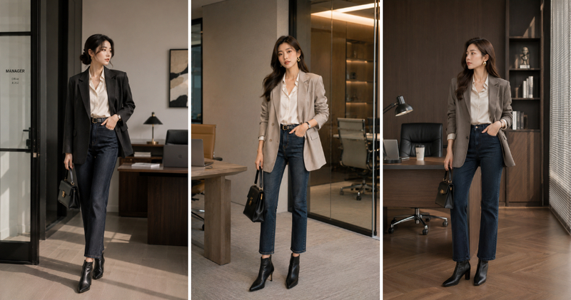 Kết hợp vest oversize với áo sơ mi lụa mềm mại, quần jean ống đứng tối màu cho những ngày đi làm hay gặp gỡ đối tác.