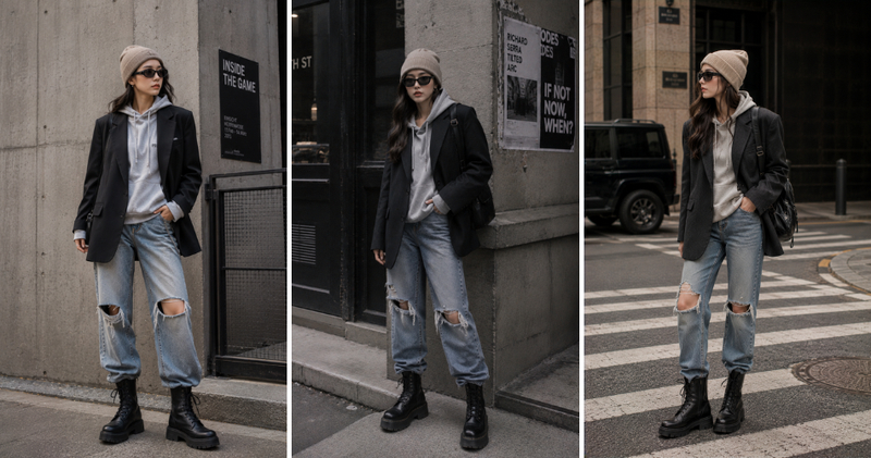 Mặc áo hoodie có mũ mỏng bên trong, khoác vest oversize bên ngoài phối với quần jean rách gối để tạo nên một set đồ layer cực "chất".