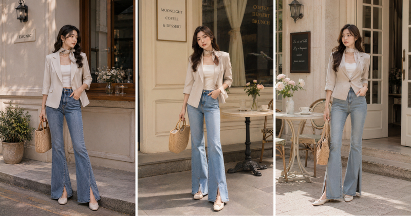 Mặc áo quây bên trong vest chiết eo tay lửng, kết hợp quần jean ống loe xẻ tà thích hợp cho những buổi trà chiều, dạo phố chụp ảnh phong cách vintage.