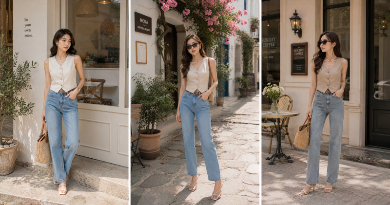 Mặc áo vest gile cài cúc trần phối cùng quần jean ống đứng cạp cao cho những ngày hè dạo phố hoặc những chuyến du lịch.