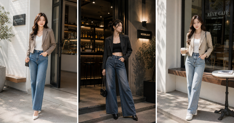 Mặc một chiếc áo hai dây croptop bên trong, khoác ngoài áo vest dáng lửng mix cùng quần jean ống rộng cạp cao để khoe khéo vòng eo.