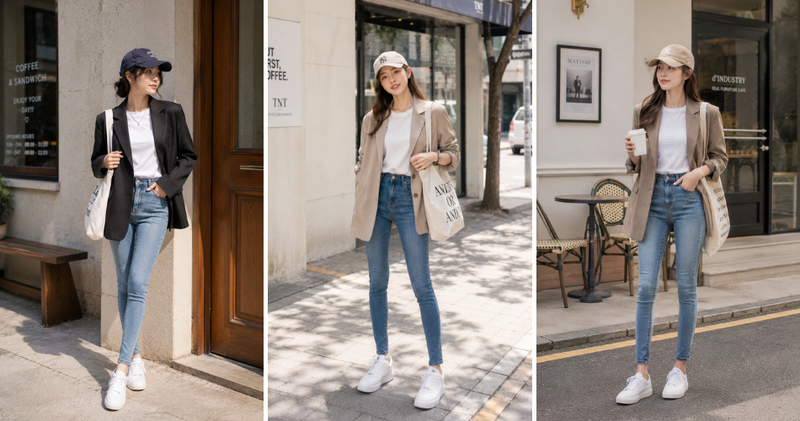 Phối áo vest oversize cùng áo thun trắng trơn, quần jean skinny ôm sát và một đôi sneaker trắng trẻ trung để tạo sự đối lập tôn dáng.