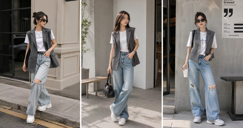 Streetstyle ngẫu hứng cùng áo thun bên trong, khoác áo vest oversize bên ngoài phối quần jean rách gối.