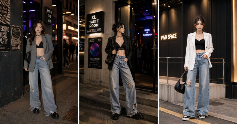 Táo bạo hơn khi mix áo bralette bó sát bên trong, khoác hờ áo vest suông bên ngoài quần jean ống rộng rách nhẹ phần gấu.