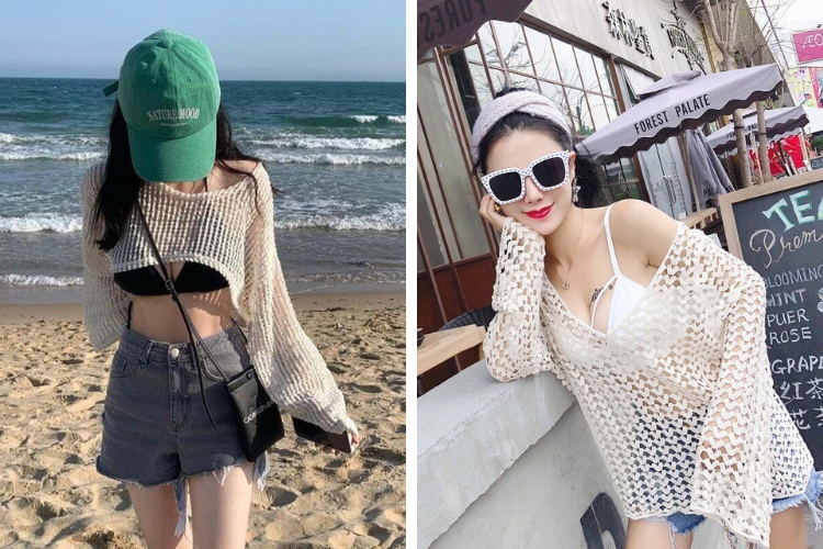 áo bikini kết hợp quần short và áo lưới
