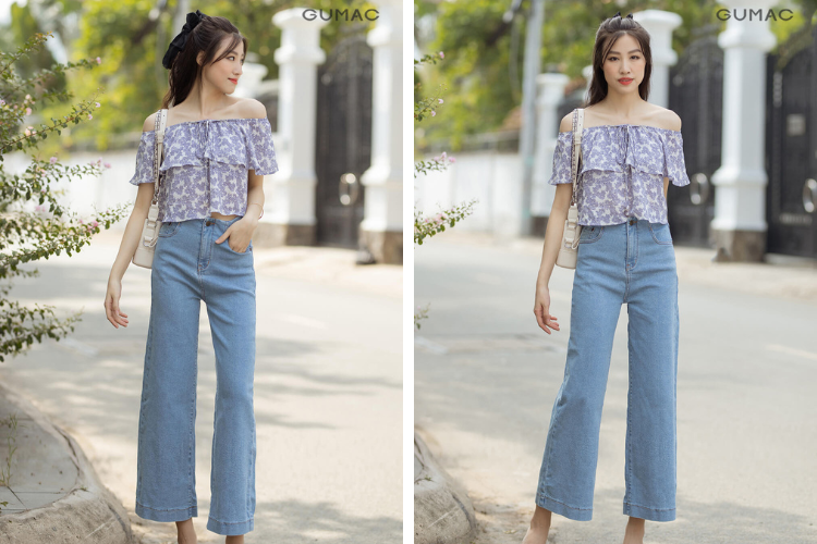 Áo trễ vai kết hợp với quần ống rộng