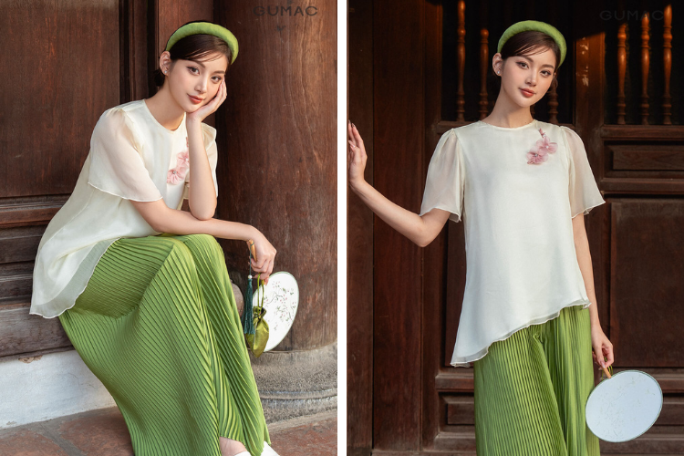 Outfit đi chùa Bà Chúa với áo kiểu lai xéo mix quần ống rộng khi đi Châu Đốc