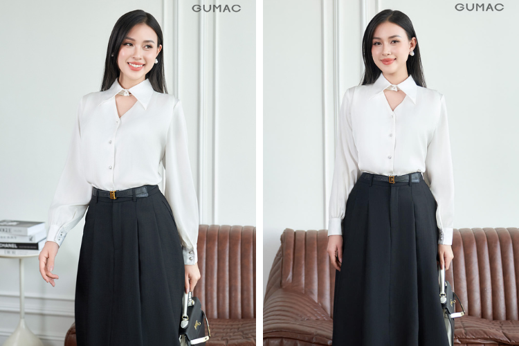 Phối đồ đi Châu Đốc với áo sơ mi mix chân váy xếp ly tham quan chùa Huỳnh Đạo
