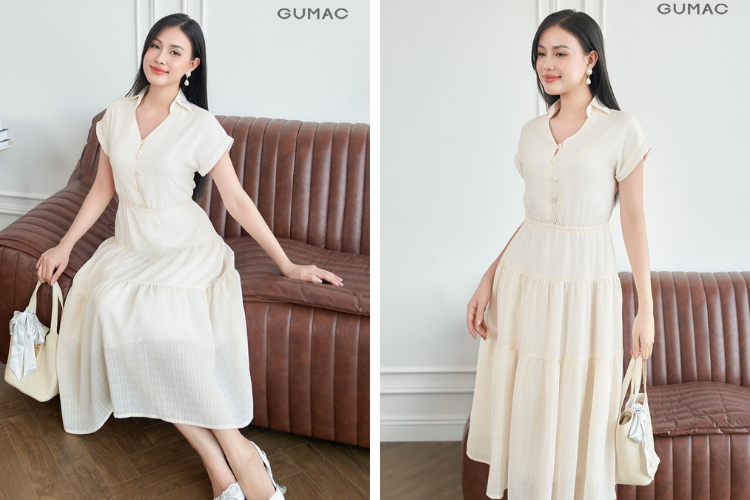Phối đồ với đầm chữ A xòe rã tầng đi lăng Thoại Ngọc Hầu