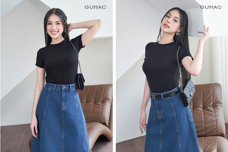 Chân váy jean mix cùng áo thun ôm body