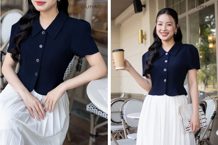 Đi du lịch Singapore mặc áo danton mix cùng chân váy xếp ly