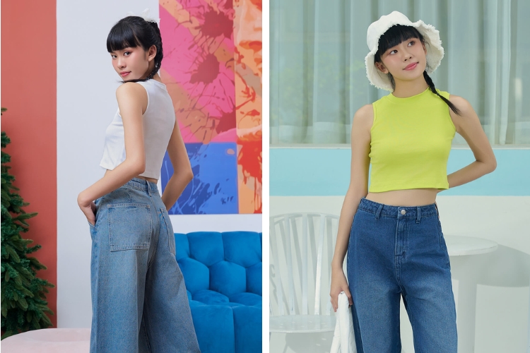 Mix áo tank top cùng quần jean năng động