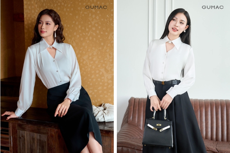 Mix chân váy xòe cùng áo kiểu sơ mi độc đáo