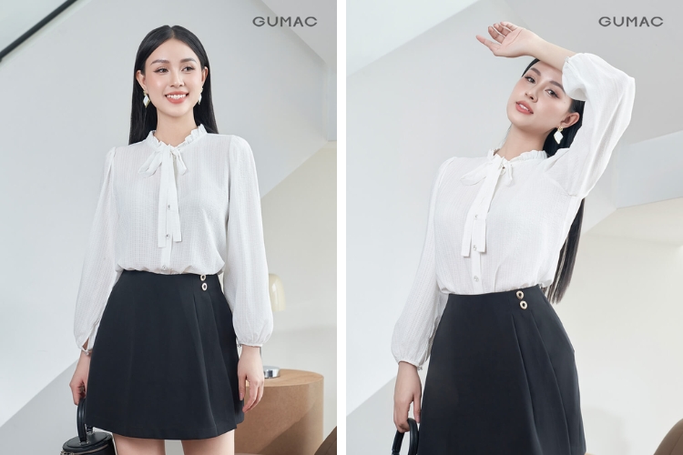 Phối áo sơ mi kiểu cùng chân váy ngắn nữ tính