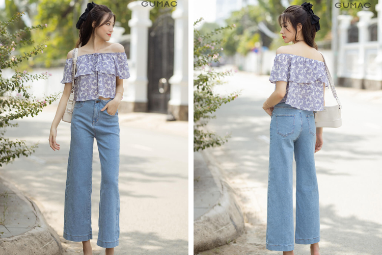 Áo Trễ Vai Phối Quần Ống Rộng