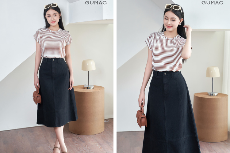Áo thun kết hợp chân váy jean