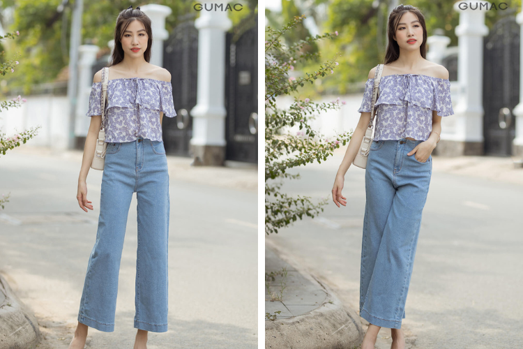 Áo trễ vai mix quần ống rộng cho phong cách phối đồ theo thời tiết mùa hè