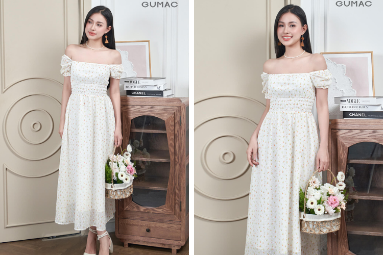 Đầm maxi trễ vai cho phối đồ theo thời tiết Sài Gòn