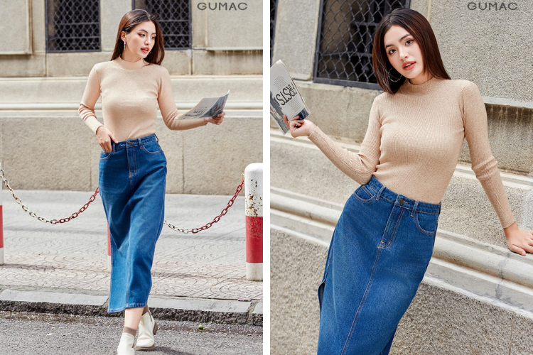 Áo len cổ cao mix chân váy jean