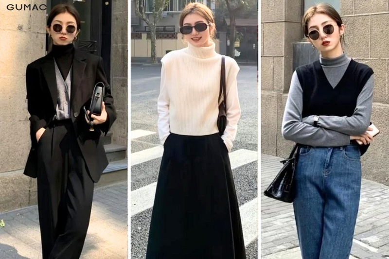 Áo gile mix cùng áo len cao cổ ấm áp.