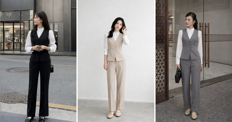 Áo gile nữ mix cùng áo sơ mi trơn basic trendy và lịch sự.