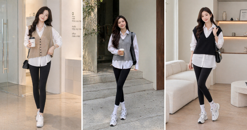 Mix ngay gile khoác ngoài áo sơ mi cùng quần legging tôn lên đôi chân thon dài.