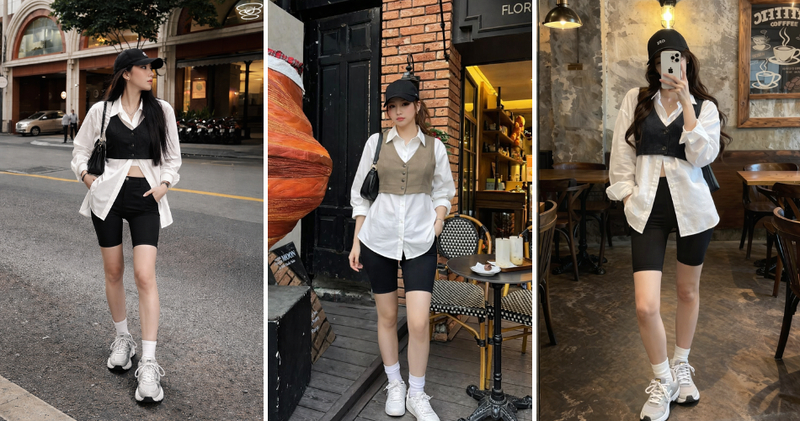 Năng động với quần legging ngắn mix áo gile mix sơ mi.