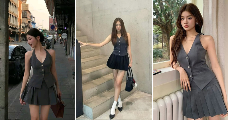 Phối áo gile với chân váy xếp ly ngắn.