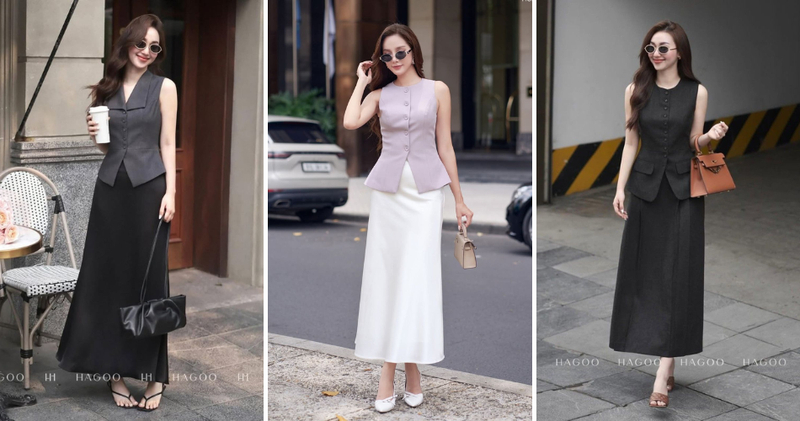 Phối đồ áo gile nữ cùng chân váy chữ A dáng dài.
