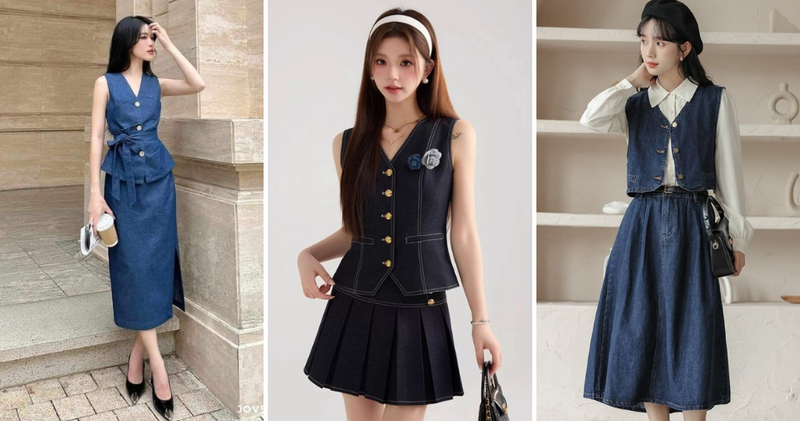 Sành điệu, cá tính với set đồ gile denim và chân váy denim.