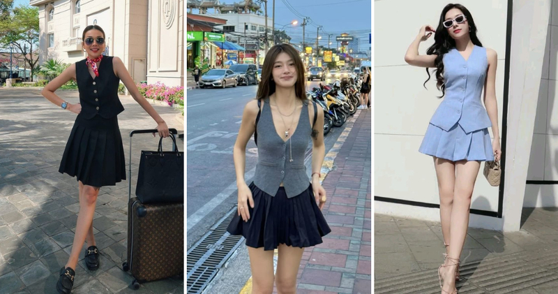 Trẻ trung, hack tuổi cùng set đồ áo gile phối chân váy xếp ly ngắn.