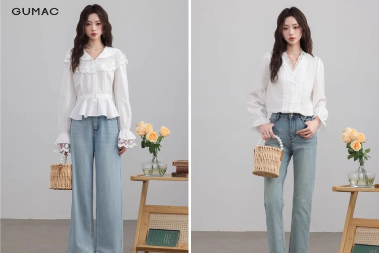 phối áo sơ mi cổ bèo với quần jean ống rộng