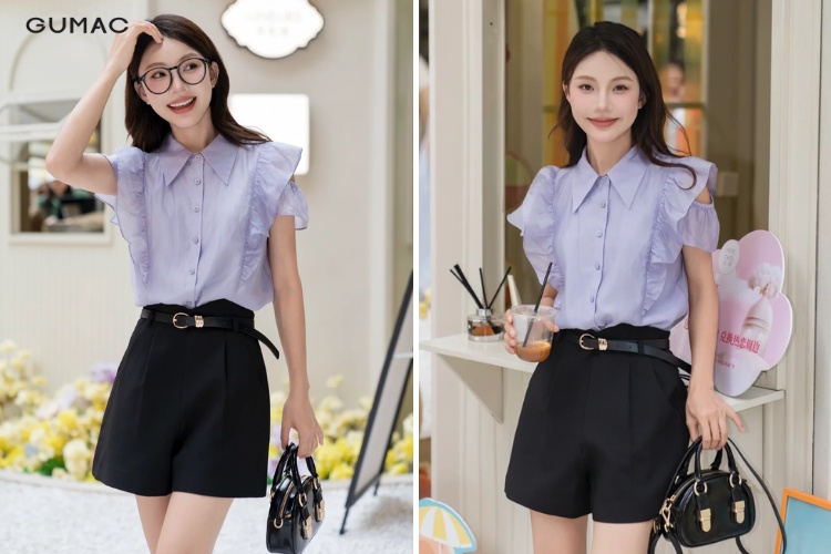 kết hợp áo sơ mi cổ bèo với quần short