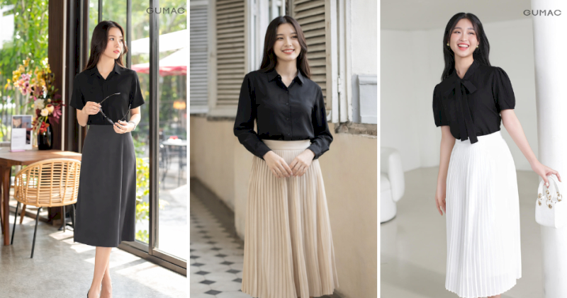 Áo sơ mi đen phối chân váy xếp ly dài phù hợp với dáng người cao ráo hoặc dáng tam giác ngược.