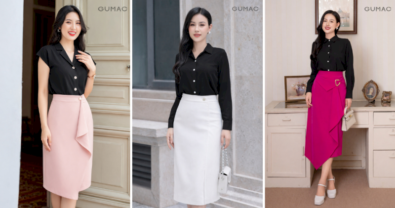 Áo sơ mi đen và chân váy bút chì hợp hoàn hảo với các nàng có vòng 3 đầy đặn.