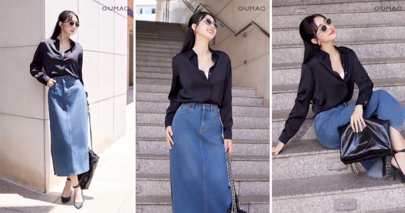 Nếu muốn nhẹ nhàng, nữ tính hơn thì có thể thay quần jeans bằng chân váy jeans khi phối đồ áo sơ mi đen