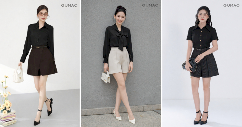 Phối đồ sơ mi đen với quần short vải cạp cao là lựa chọn tuyệt vời cho những buổi dạo phố.