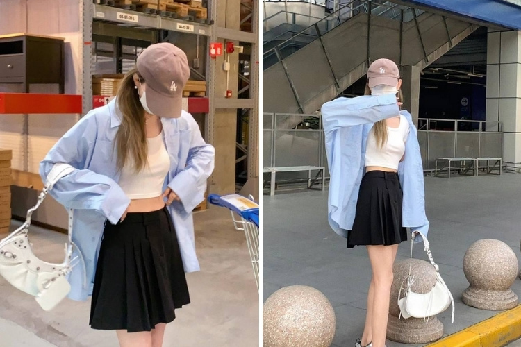 mix áo croptop với áo sơ mi xanh dương