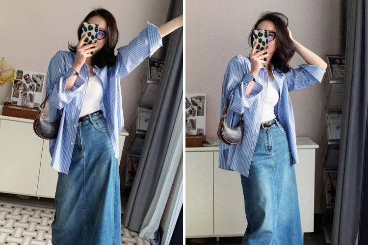 áo sơ mi xanh phối chân váy jeans