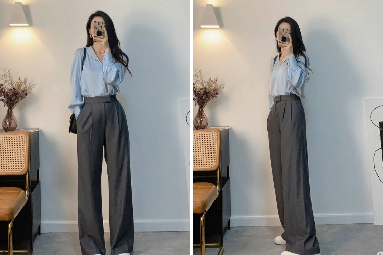 quần tây ống rộng mix áo sơ mi xanh dương