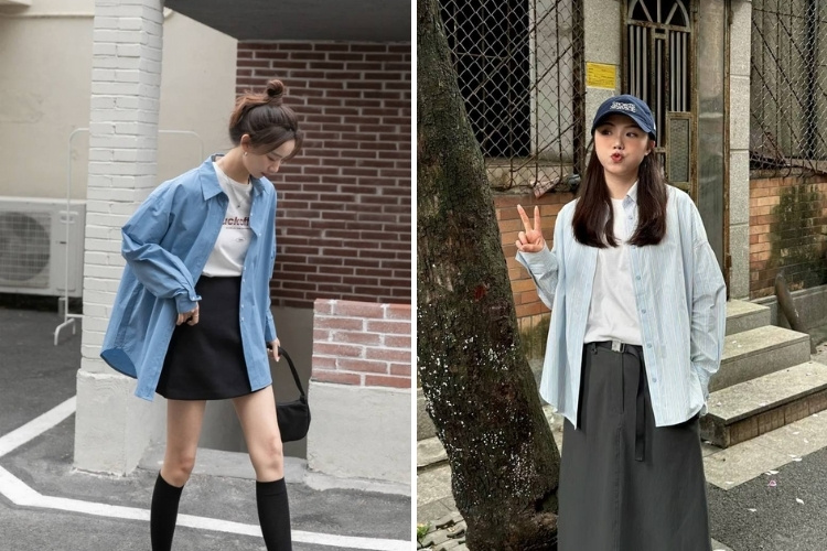 mix áo thun cổ tròn với áo sơ mi xanh dương