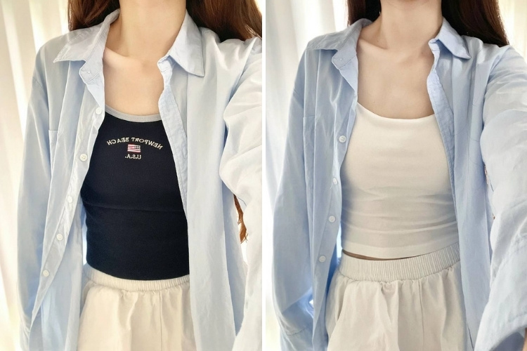 áo sơ mi xanh với áo 2 dây