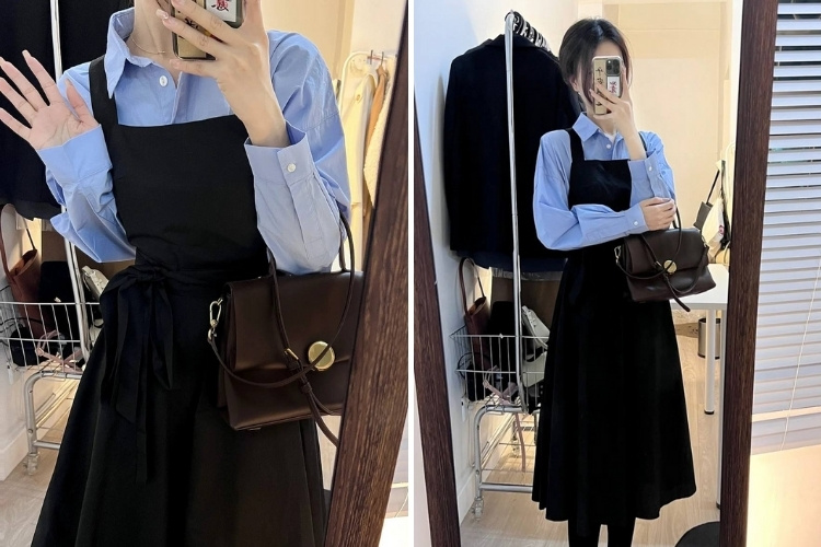 sơ mi xanh phối váy yếm