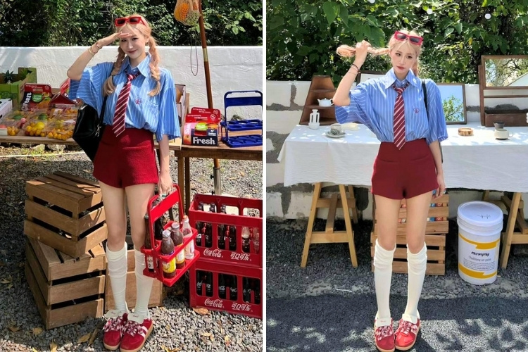 mix áo sơ mi xanh với màu đỏ độc đáo